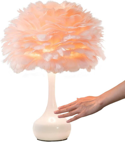 Elegant White Feather Table Lamp Bedside Lamp with Touch Switch Feather Table Light Desk Feather Lampshade for Bedroom, Home Decoration, Pink