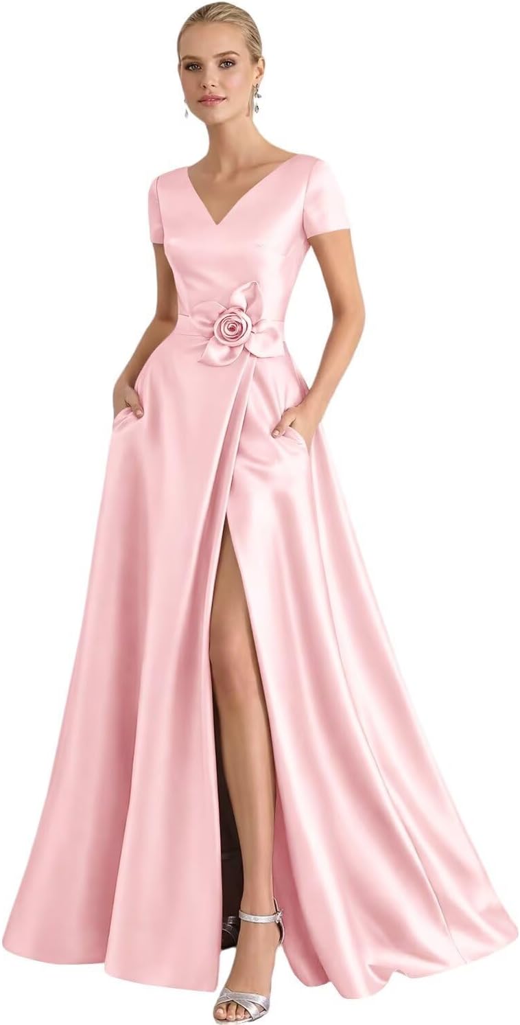 Short Sleeve Prom Dresses for Women 3D Flower Satin Formal Evening Gown with Slit V Neck Long Mothet of The Bride Dress