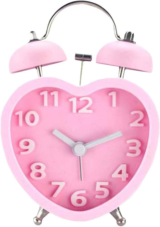 Monique Students Seniors 3in Twin Bell Loud Alarm Clock Silent Analog Quartz Nightlight Clock Battery Operated for Heavy Sleepers Heart Shape Pink