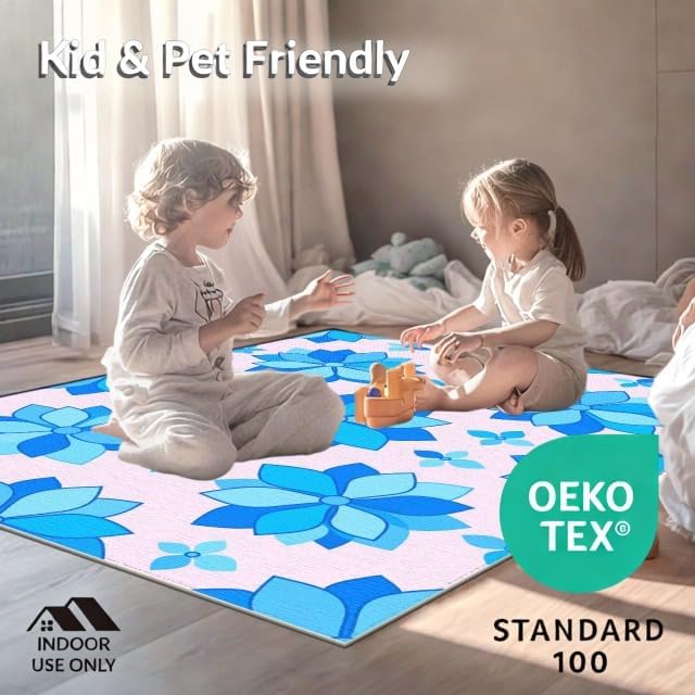Design&I 4'x6' Smooth Finish Modern Floral Washable Mat, Light Blue for Dorm Room, Small Living Room, Apartment, Flatweave & Snag-Free Daily Traffic Ready Throw Rug | 2298680