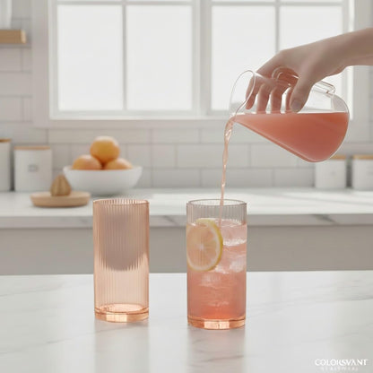 Physkoa Peach Ribbed Drinking Glasses Set of 6 – Vintage Embossed Highball Glassware, Thick Premium Tumbler Cups for Water, Cocktails, Iced Coffee, Modern Kitchen Bar Gift Set