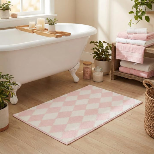 GRANNY SAYS Diamond Bathroom Rugs, 16" x 24", Non-Slip Bath Mats for Bathroom, Plush Shag Absorbent Microfiber Ultra Soft Bath Mat, Cute Washable Rug for Tub, Shower, Bedroom, Pink