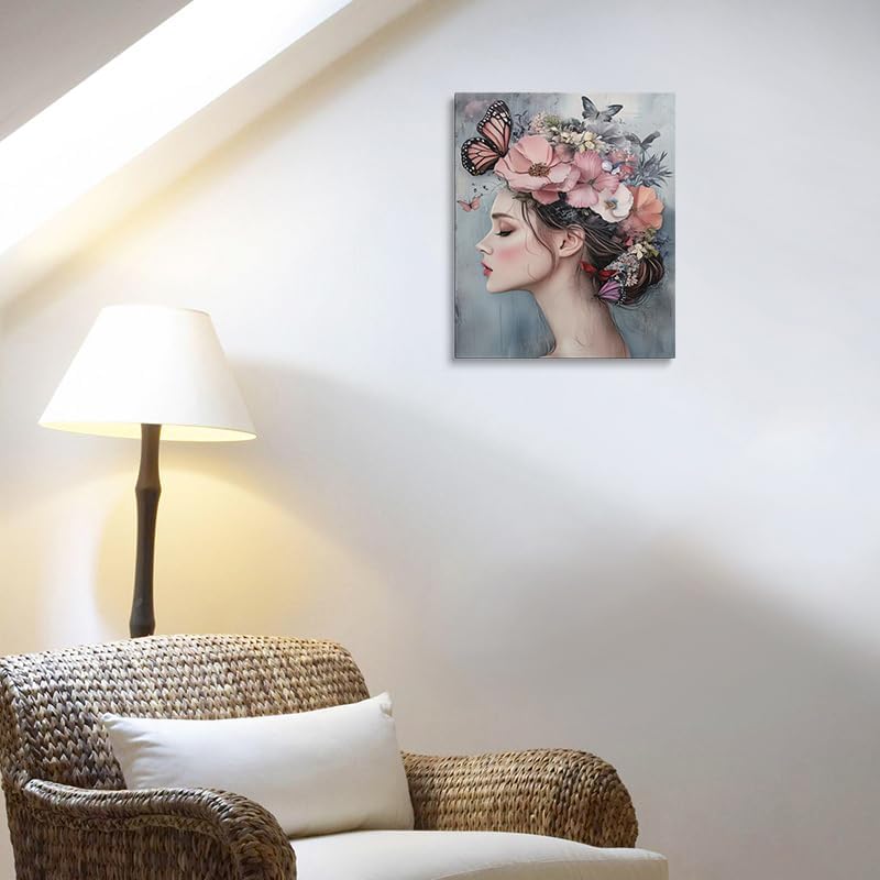 Woman with Flower Crown and Butterflies Canvas Wall Art Framed Print Painting Feminine Floral Portrait Pastel Pink Wall Decor Artwork for Bedroom Nursery Office Dreamy Ethereal Aesthetic 12x16 Inches
