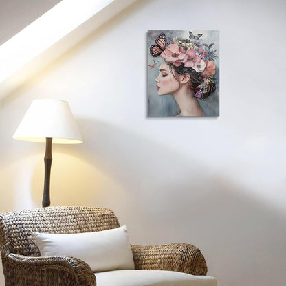 Woman with Flower Crown and Butterflies Canvas Wall Art Framed Print Painting Feminine Floral Portrait Pastel Pink Wall Decor Artwork for Bedroom Nursery Office Dreamy Ethereal Aesthetic 12x16 Inches