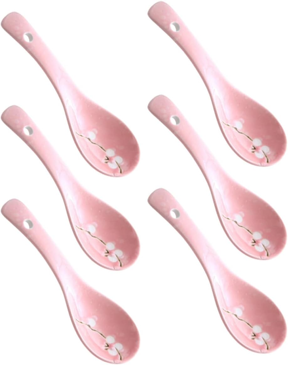 6pcs Japanese Ceramic Porridge Spoons Pink Small Soup Spoons Household Kitchen Utensils for Dining and Restaurant Use