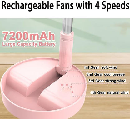Pedestal Fan Foldable table fan, Adjustable Height, 7200mAh Rechargeable, Portable, Quiet, FoldAway (Pink)