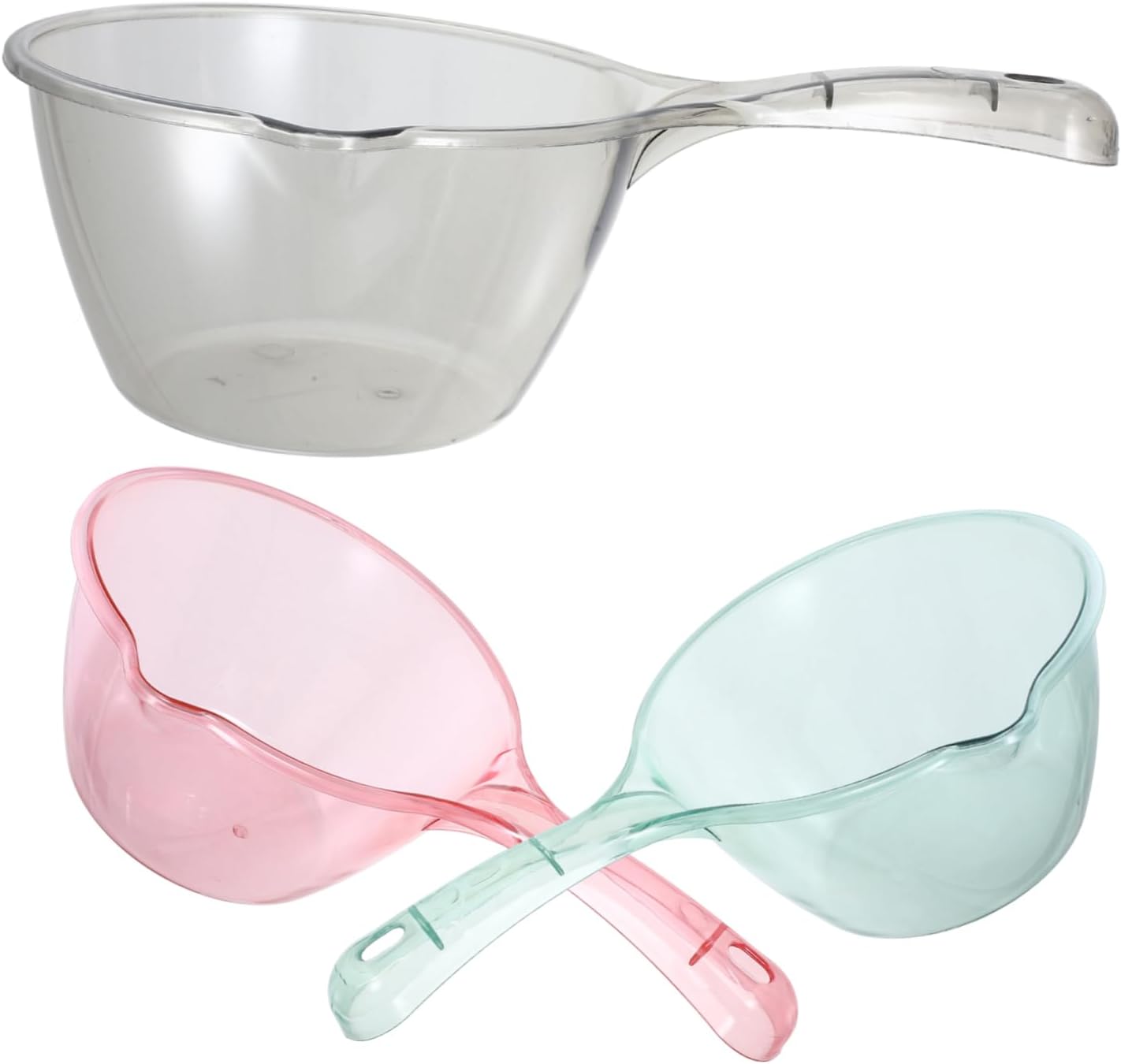 VICASKY 3pcs Water Ladle for Home Kitchen and Bath Thickened Transparent Scoops with Long Handle Multi Purpose Watering Bathing and Cooking Scoop in Pink Light Green and Brown