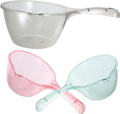 VICASKY 3pcs Water Ladle for Home Kitchen and Bath Thickened Transparent Scoops with Long Handle Multi Purpose Watering Bathing and Cooking Scoop in Pink Light Green and Brown