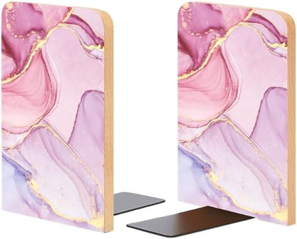 Wood Bookends Non-Slip Bookends Book Stand for Shelves Books/CD - Pink Marble Pattern