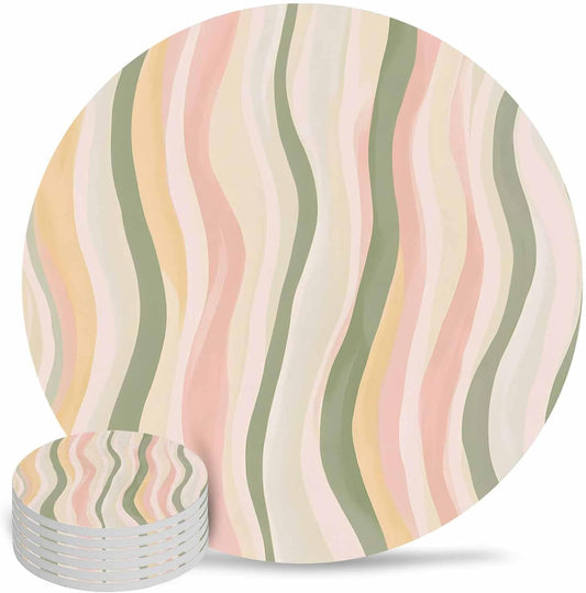 Coaster for Drinks 6 Pack,Light Green Pink Stripes Absorbent Round Ceramic Stone with Cork Base,Low Saturation Colorful Pattern Drink Coaster Cup Mats for Home Dining Coffee Tables