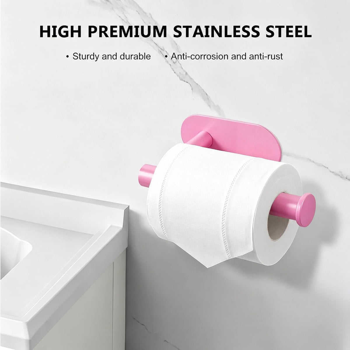 Pink Toilet Paper Holder, Self Adhesive Toilet Paper Roll Holder No Drilling Wall Mount for Bathroom, Toilet