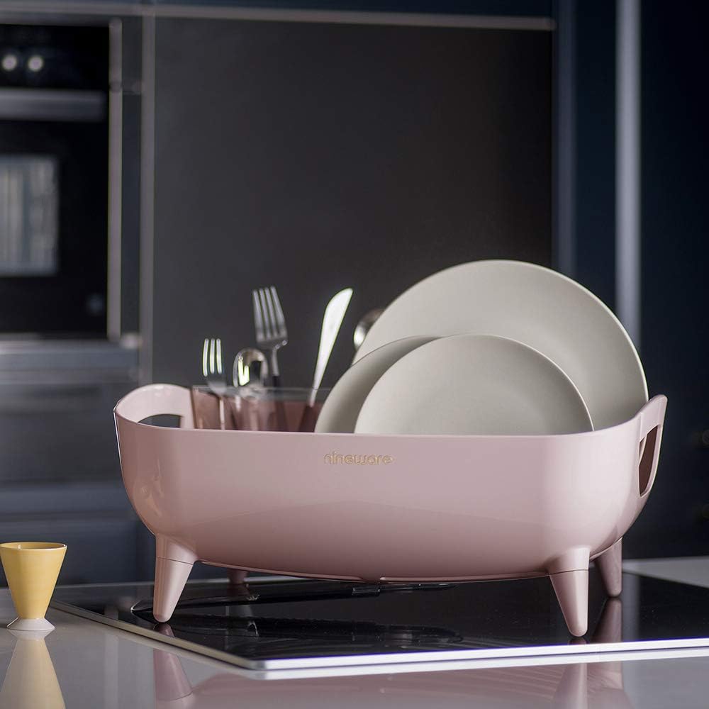 Wide Volume Dish Drying Rack, Large Capacity Kitchen Coutertop Organizer, 360° Rotatable Water Drain, Removable Utensil Holder, Sleek Design, Made in Korea (Pink)