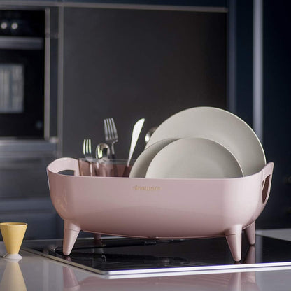 Wide Volume Dish Drying Rack, Large Capacity Kitchen Coutertop Organizer, 360° Rotatable Water Drain, Removable Utensil Holder, Sleek Design, Made in Korea (Pink)