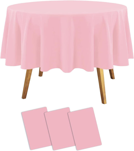 Childom Round Tablecloths,3 Pack 84 Inch Round Plastic Tablecloths Disposable Table Covers Pink Tablecloth for Indoor or Outdoor Parties Birthdays Weddings Holiday Dinner Anniversary Buffet Table