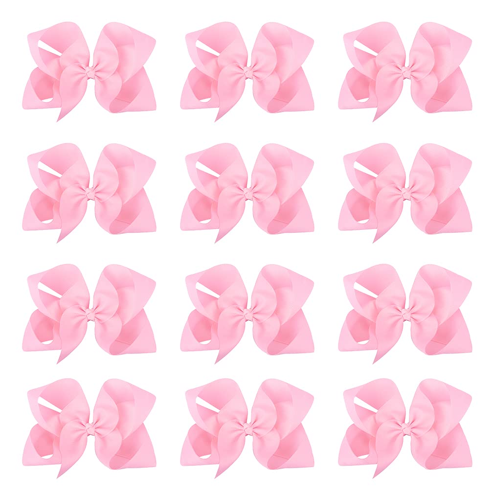 DEEKA 12 PCS 6" Big Hand-made Grosgrain Ribbon Hair Bow Alligator Clips Hair Accessories for Little Teen Toddler Girls - Light Pink