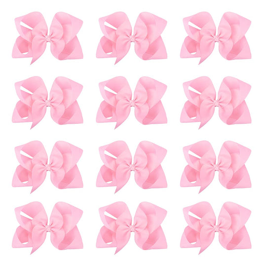 DEEKA 12 PCS 6" Big Hand-made Grosgrain Ribbon Hair Bow Alligator Clips Hair Accessories for Little Teen Toddler Girls - Light Pink