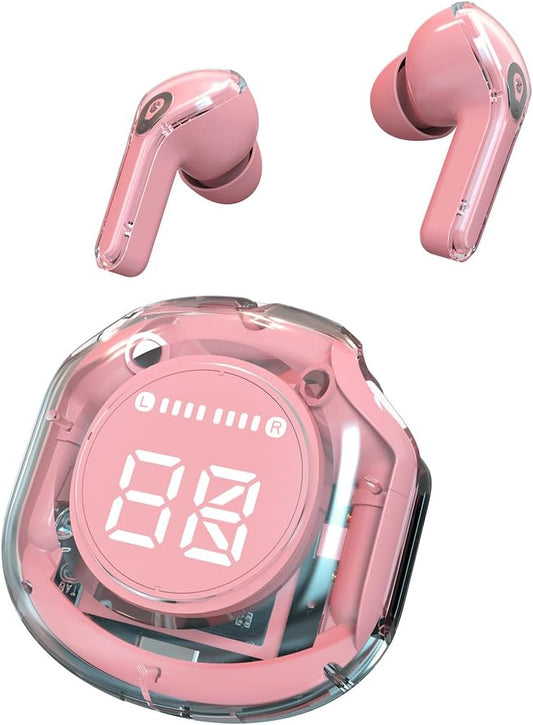 Crystal Earbuds (Pastel Pink) - Dive into a World of Color and Sound with Chic Pastel Hues & Transparent LED Display Case - Premium Wireless Audio Experience