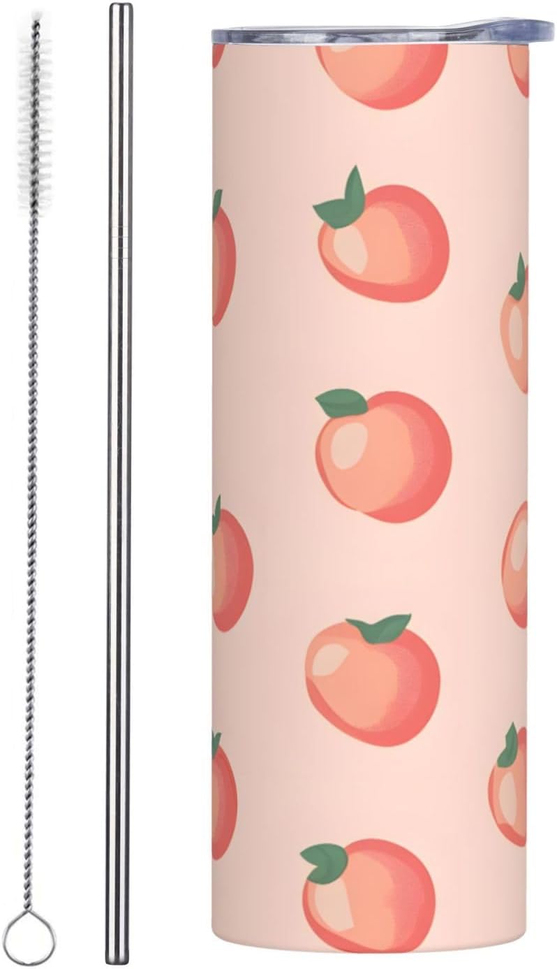20oz Stainless Steel Tumbler with Lid & Straw, Pink Peach Pattern Insulated Coffee Travel Mug for Men Women, Straight Tumbler Cup for Hot & Cold, Reusable Tumbler for Home Office Car