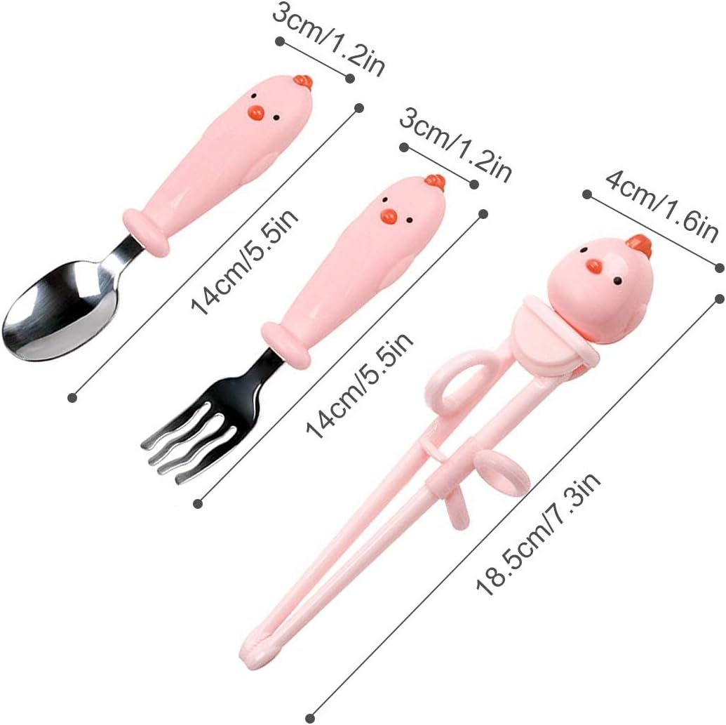 Training Chopsticks Set for Kids and Beginners,Chopstick Spoon Fork and Case Set,Reusable Learning Chopsticks with Attachable Learning Chopstick Helper - Right Handed Only Stainless Steel Pink