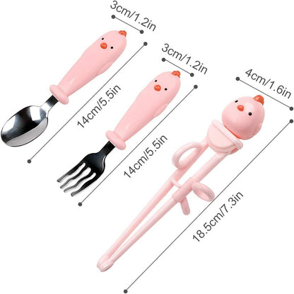 Training Chopsticks Set for Kids and Beginners,Chopstick Spoon Fork and Case Set,Reusable Learning Chopsticks with Attachable Learning Chopstick Helper - Right Handed Only Stainless Steel Pink