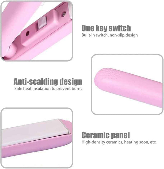 Mini Pink 2-in-1 Ceramic Curling Iron and Straightener, Travel Size Dual Voltage Hair Styling Tool for Short Fine Hair, Lightweight Portable Iron Heating Curler