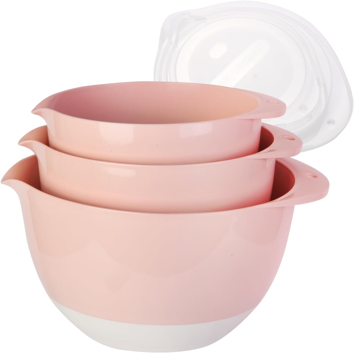 3 Mixing Bowls Set with Lids,Grips,Pour Spout and TPR Bottom, Plastic Nesting Bowl Use for Kitchen Cooking-Prep,Serving,Baking Bread Cake,Pancake,Non-slip,Dishwasher Safe,3Qt,2Qt,1.5Qt,Pink