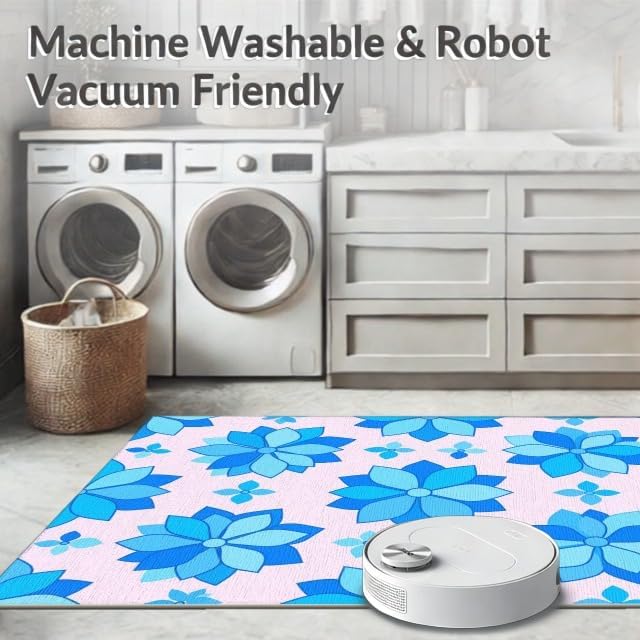 Design&I 4'x6' Smooth Finish Modern Floral Washable Mat, Light Blue for Dorm Room, Small Living Room, Apartment, Flatweave & Snag-Free Daily Traffic Ready Throw Rug | 2298680