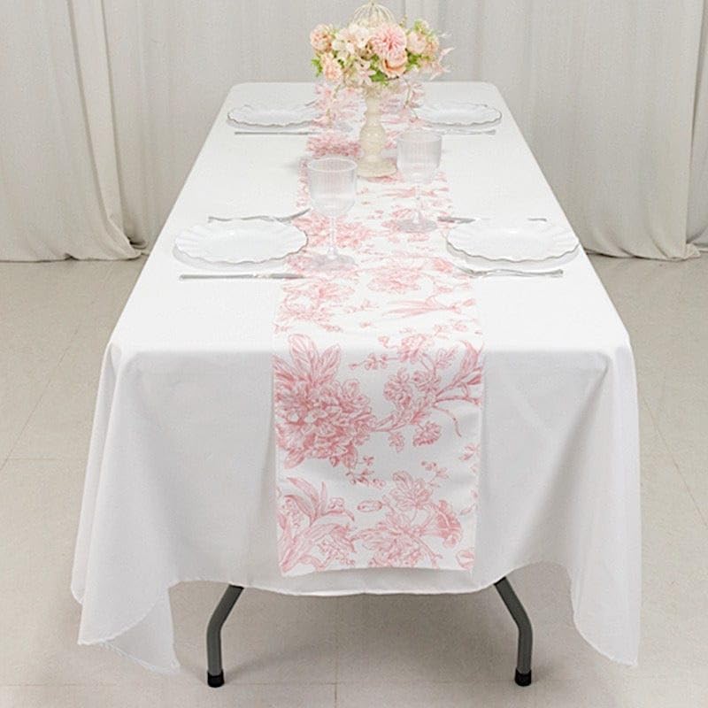 12 x 108-Inch White with Pink Floral French Toile Polyester Table Top Runner Wedding Party Event Reception Occasions Linens Decorations