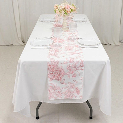 12 x 108-Inch White with Pink Floral French Toile Polyester Table Top Runner Wedding Party Event Reception Occasions Linens Decorations