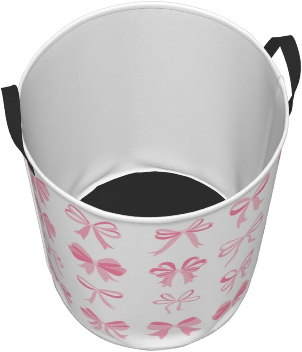 Laundry Basket Room Decor,Round Laundry Hamper Waterproof Dirty Clothes Hamper Collapsible Laundry Baskets With Handles,Toy/Clothes Storage Basket For Home Dorm Bathroom Decor (Pink Bow)