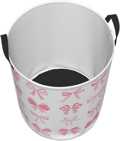 Laundry Basket Room Decor,Round Laundry Hamper Waterproof Dirty Clothes Hamper Collapsible Laundry Baskets With Handles,Toy/Clothes Storage Basket For Home Dorm Bathroom Decor (Pink Bow)