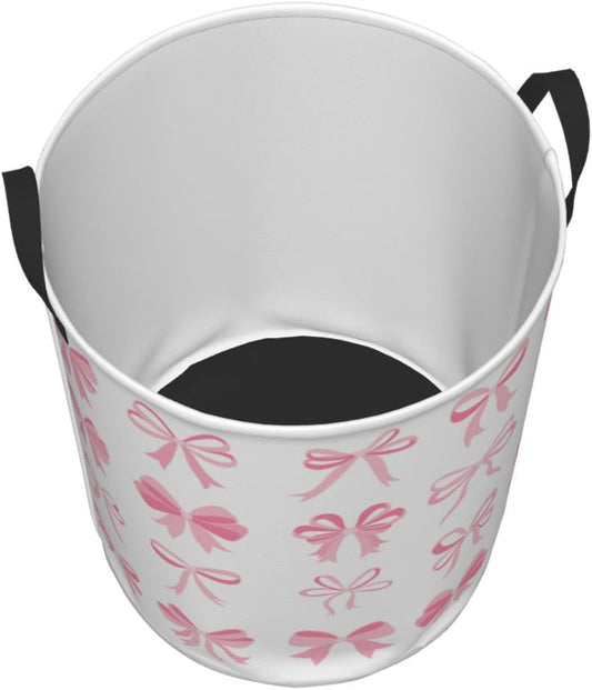 Laundry Basket Room Decor,Round Laundry Hamper Waterproof Dirty Clothes Hamper Collapsible Laundry Baskets With Handles,Toy/Clothes Storage Basket For Home Dorm Bathroom Decor (Pink Bow)