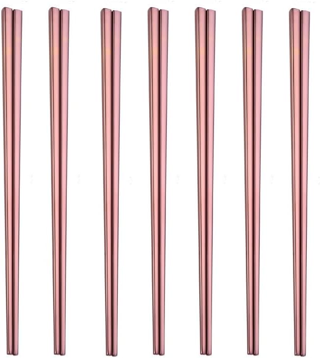 Stainless Steel Chopsticks, Reusable, Dishwasher Safe, Easy to Use, Square, Lightweight (7 PCS, Rose Gold)