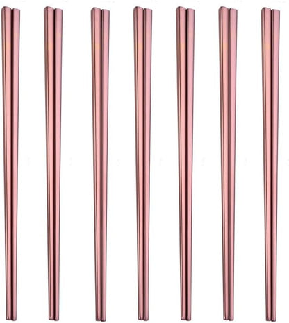 Stainless Steel Chopsticks, Reusable, Dishwasher Safe, Easy to Use, Square, Lightweight (7 PCS, Rose Gold)