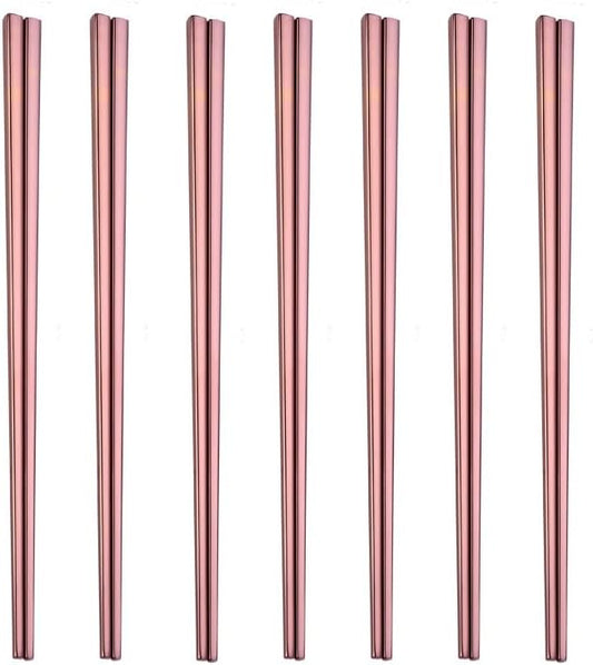 Stainless Steel Chopsticks, Reusable, Dishwasher Safe, Easy to Use, Square, Lightweight (7 PCS, Rose Gold)