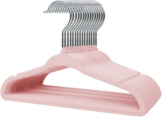 Stormix Baby Velvet Hangers 16 Pack, Kids Non-Slip Felt Hangers with Shoulder Notches, Thin Space Saving Hangers for Closet Organization, 360° Swivel Hook for Toddler's Clothes - Pink