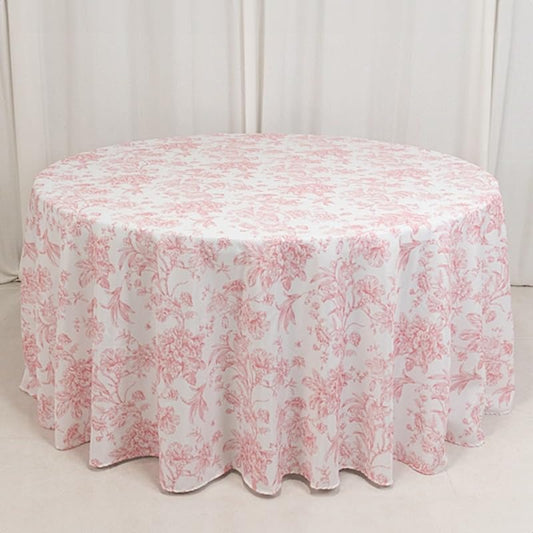 Balsa Circle 120" White with Pink French Toile Polyester Round Vintage Pastoral Floral Rustic Table Cloth Washable Table Cover for Indoor&Outdoor, Farmhouse Decor, Picnic, Tabletop Decoration