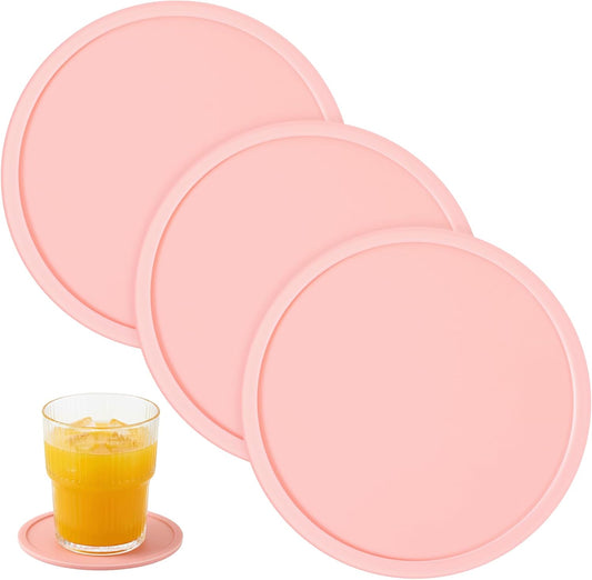 3 PCS Silicone Coasters, Non-Slip Desk Coasters Pink Round Coaster Heat Resistant Cup Mat for Drinks, Beverage, Coffee, Tea (3.93 Inch)
