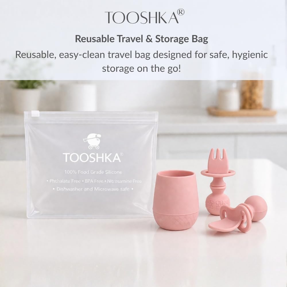 Tooshka® Baby Utensil Set (3 pcs) - Self Feeding Spoons and Tiny Cup - Silicone & BPA Free - Baby-Led Weaning (BLW) Supplies - Ages 6+ Months - Pink Baby Cup & Utensils
