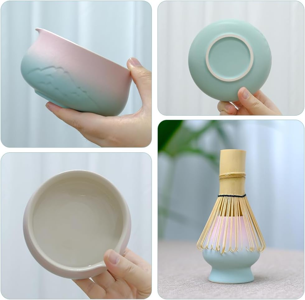 Joyscale Matcha Whisk Set, Matcha Set Whisk And Bowl, 8 Pcs Matcha Kit Set(Distant Mountains Design), 18 OZ, Japanese Matcha Tea Set, Matcha Making Kit Gifts for Tea Lovers(Pink Green)