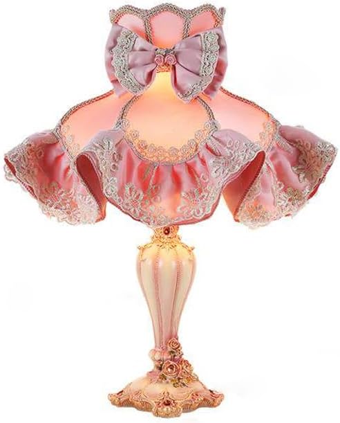 Victorian Pink Table Lamp, Princess Style Bedside Lamp with Lace Ruffle & Bow, Resin Desk Lamp for Bedroom Living Room Vanity