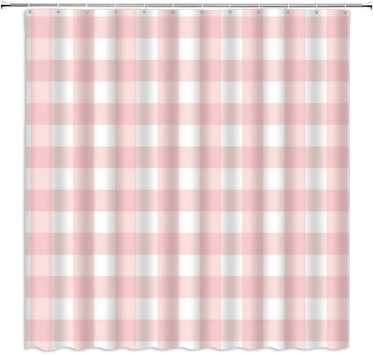 Geometric Plaid Shower Curtain Rustic Pink White Buffalo Check Plaid Xmas Checkered Square Morocco Modern Country Blush Bathroom Home Curtain Decor with Hooks,70" Wx70 H