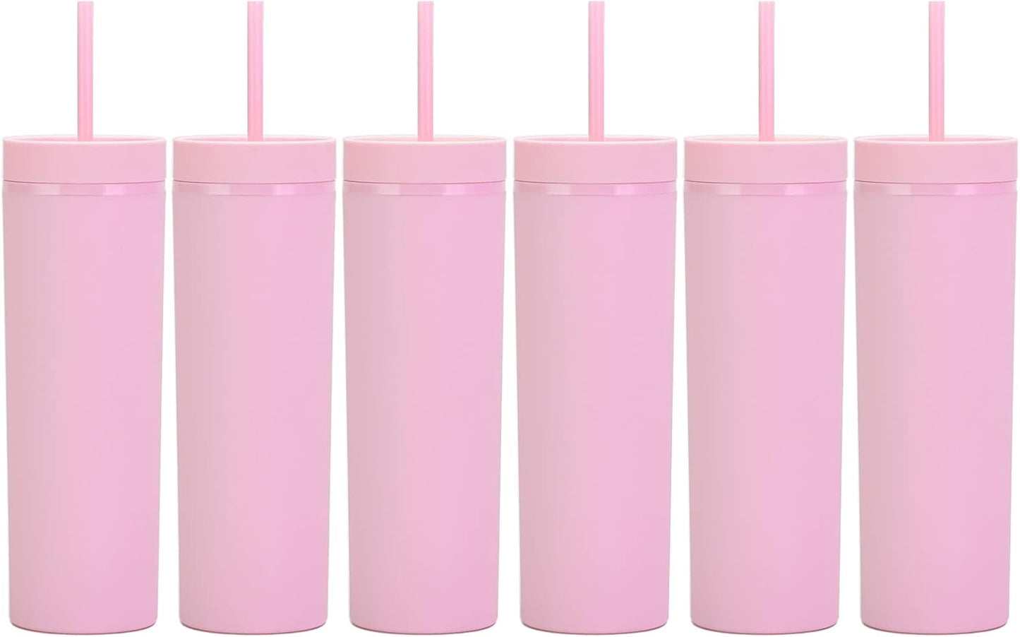 16oz Skinny Tumblers Bulk.Matte Light Pink Tumblers with Lids and Straws.Double Walled Plastic Acrylic Pastel Tumbler Cups for Iced Coffee Smoothie.DIY Slim Tumbler.