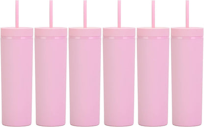 16oz Skinny Tumblers Bulk.Matte Light Pink Tumblers with Lids and Straws.Double Walled Plastic Acrylic Pastel Tumbler Cups for Iced Coffee Smoothie.DIY Slim Tumbler.