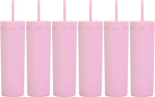 16oz Skinny Tumblers Bulk.Matte Light Pink Tumblers with Lids and Straws.Double Walled Plastic Acrylic Pastel Tumbler Cups for Iced Coffee Smoothie.DIY Slim Tumbler.