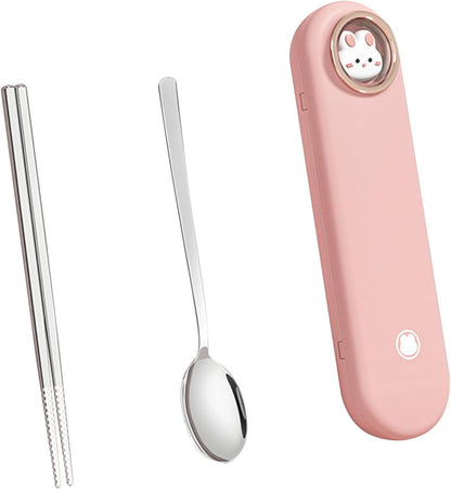 Spoon and Chopsticks Set, Stainless Steel Metal Chopsticks Spoon Set with Travel Case Stainless Steel Chopsticks Spoon Set Travel Utensils for Home Work Outdoor (pink)