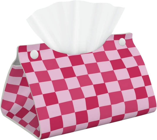 Pink Checkerboard Tissue Box Cover Long Leather Tissue Box Holder for Bathroom Bedroom Home Office Decor