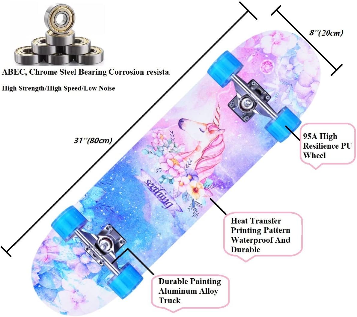 Skateboards for Beginners Kids Boys Girls and Adults,31''x8'', 7-Layer Maple, Double Kick Concave, Fascinating Cool, Solid&Durable
