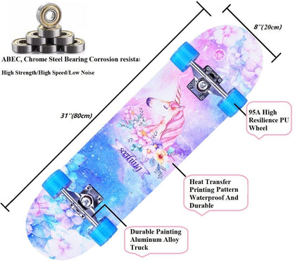 Skateboards for Beginners Kids Boys Girls and Adults,31''x8'', 7-Layer Maple, Double Kick Concave, Fascinating Cool, Solid&Durable