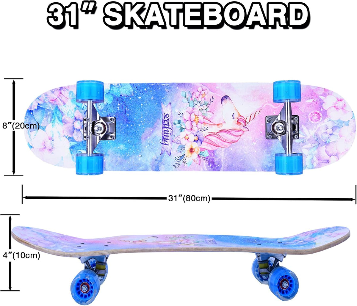 Skateboards for Beginners Kids Boys Girls and Adults,31''x8'', 7-Layer Maple, Double Kick Concave, Fascinating Cool, Solid&Durable